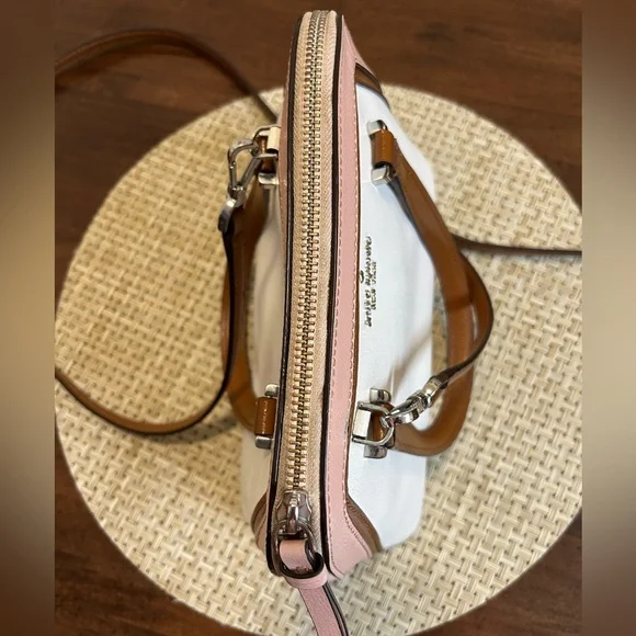 Small Kate Spade White and Pink Satchel with Brown Accents. - Picture 5 of 15